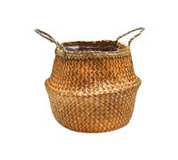 Ivyline Medium Seagrass Chevron Lined Basket in Amber - Waterproof and Lightweight Woven Seagrass Holder with Handles for Houseplants - H30cm x D35cm