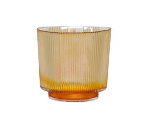 Ivyline Round Candle Holder in Amber Glass with Ribbed Design - Elegant Table Centrepiece - Modern Home Decoration - H14 x W15 cm