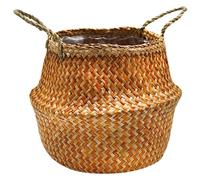 Ivyline Small Seagrass Chevron Lined Basket in Amber - Waterproof and Lightweight - Woven Seagrass Holder with Handles for Houseplants - H25cm x D30cm