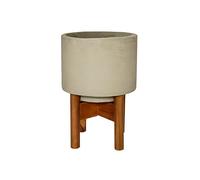 Ivyline Vigo Round Grey Concrete Planter with Wooden Stand - Stylish & Waterproof - Durable Contemporary Decorative Indoor Flower Pot - H37cm x D28cm