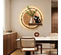 IvyLoutish 3D LED Wall Art - Crystal Porcelain Cat Wall Decor with Storage Shelf, Modern Round LED Wall Art for Living Room Dining Room(A,60 * 60cm/23.6 * 23.6in,With Light)