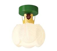 IvyLoutish Luxury Art Deco Whimsical Style Ceiling Light, Regal Golden Crown, Embossed Feather Petal Shade, Emerald Green Finish, Red Jewel Bead, PE Shade, Flush Mount for Princess Room, Nursery