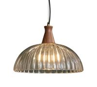 IvyLoutish Mid Century Modern Ribbed Glass Pendant Light Walnut Wood Brass Dome Hanging Lamp Elegant Pendant Fixture for Dining Room Kitchen Island Bedside Bar Lighting(30cm)