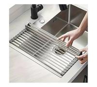 IvyLoutish Roll up Dish Drying Rack RV Folding Over Sink 304 Stainless Steel in Kitchen Dish Drainer Heat Resistant Mat, 14.6-18.5" Multipurpose Portable Dish Trainer
