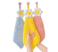 Ivymei 3 Pack Chenille Hand Towels,Kitchen Hand Towels with Loop,Hanging Hand Towels for Bathroom,Soft Absorbent Flower Hand Bath Towels(Yellow Pink Blue)