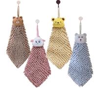 Ivymei 4 Pack Cute Animal Chenille Hand Towels Fuzzy Hanging Hand Towels with Loop for Bathroom Kitchen,Quick Dry Hand Bath Towels(mixcolor)