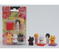 Iwako 7pcs Japanese Kokeshi Dolls, Maneki Neko With Tatami Pillows Erasers Blister Set