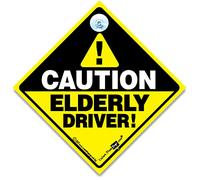 iwantthatsign.com Caution ELDERLY DRIVER Car Sign, Elderly Driver Please Be Patient, Yellow And Black Suction Cup Sign
