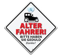 iwantthatsign.com Old driver warning sign with suction cup, diamond-shaped, 14 x 14 cm, UV-resistant, yellow/black, for cars, vans, trucks, caravans, interior mounting