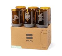 IWAS Upcycled Drinking Glasses Set for Kids | Set of 6 | Animal Collection | 300 ML | 10.14 OZ | Sustainable Water Glasses for Kids | Very Sturdy | Environmentally Friendly Brown Water Glasses