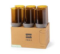 IWAS Upcycled Tall Auburn Drinking Glasses | 350 ML | 12 OZ | Set of 6 | Sustainable Water and Cocktail Glasses | Environmentally Friendly Light Brown Glasses | Recycled Glass Tumblers
