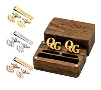 Iwe Personalised Cufflinks and Tie Clip Set for Men, Custom Monogram with Engraved Wooden Box, Wedding Gift for Groom (Gold)
