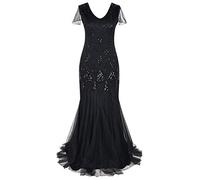 IWEMEK 1920s Flapper Dress for Women Sexy V Neck Beaded Fringed Great Gatsby Roaring 20s Fancy Dress Costume Vintage Plus Size Cocktail Party Evening Formal Prom Bridesmaid Long Maxi Gown Black Small