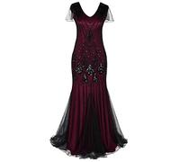 IWEMEK 1920s Flapper Dress for Women Sexy V Neck Beaded Fringed Great Gatsby Roaring 20s Fancy Dress Costume Vintage Plus Size Cocktail Party Formal Prom Bridesmaid Long Maxi Gown Black+Red 2X-Large