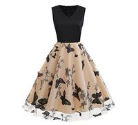 IWEMEK 1950 Dresses for Women Vintage Rockabilly Swing Butterfly Floral Tea Dress Sleeveless V-Neck A-line 50s 60s Pinup Audrey Hepburn Style Wedding Party Prom Cocktail Dress Beige Butterfly S