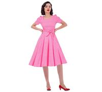 IWEMEK 50s Vintage Polka Dot Rockabilly Swing Dress - 60s Retro Pin Up Audrey Hepburn Style Short Sleeve Square Neck A-line for Cocktail Tea Party Wedding Bridesmaid - Pink L