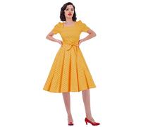 IWEMEK 50s Vintage Polka Dot Rockabilly Swing Dress - Short Sleeve Square Neck A-line Cocktail Tea Party Wedding Bridesmaid Dress - Yellow XXL