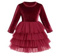 IWEMEK Baby Girls Velvet Long Sleeve Tiered Ruffle Tulle Tutu Dress Christmas Birthday Party Wedding Bridesmaid Ball Dance Ceremony Autumn Winter A-line Cake Dresses Burgundy 5-6 Years