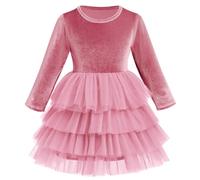 IWEMEK Baby Girls Velvet Long Sleeve Tiered Ruffle Tulle Tutu Dress Christmas Birthday Party Wedding Bridesmaid Ball Dance Ceremony Autumn Winter A-line Cake Dresses Pink 5-6 Years