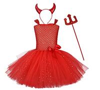 IWEMEK Baby Kids Girls Devil Costume Fancy Dress Up Gown Knitted Tutu Dress + Angel Wings + Horn Headband + Trident Accessories Carnival Halloween Party Outfits #Red 11-12 Years