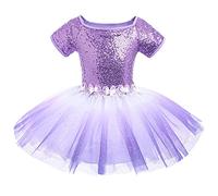 IWEMEK Ballerina Costume for Girls Sequins Ballet Leotard Tutu Dress Short Sleeve Kids Dancing Gymnastics One Piece Gradient Color Tulle Skirt Kids Skating Fairy Swan Dance Dancewear Purple 5-6 Years