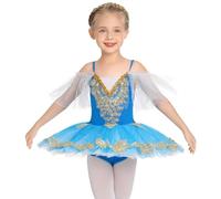 IWEMEK Ballet Tutu Leotard for Girls Ballet Outfit Ruffle Sleeve Spaghetti Strap Skating Gymnastics Children Dancewear Swan Dance Dresses Performance Ballroom Dancer Costume Light Blue 13-14 Years