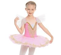 IWEMEK Ballet Tutu Leotard for Girls Ballet Outfit Ruffle Sleeve Spaghetti Strap Skating Gymnastics Children Dancewear Fairy Swan Dance Dresses Performance Ballroom Dancer Costume Pink 7-8 Years