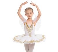 IWEMEK Ballet Tutu Leotard for Girls Ballet Outfit Ruffle Sleeve Spaghetti Strap Skating Gymnastics Children Dancewear Fairy Swan Dance Dresses Performance Ballroom Dancer Costume White 9-10 Years
