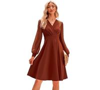 IWEMEK Elegant Women Swiss Dot Long Sleeve Wrap V-Neck A-line Cocktail Dress Fall Winter Wedding Guest Evening Party Prom Homecoming Vintage 1950s Knee Length Swing Dresses Rust L