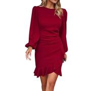 IWEMEK Fall Winter Women Lantern Long Sleeve Tulip Ruffle Hem Ruched Bodycon Short Cocktail Dress Wedding Guest Evening Party Homecoming Business Office Work Formal Dress Wine Red XL