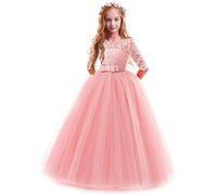 IWEMEK Flower Girls 3/4 Sleeve Floral Lace Tulle First Communion Pageant Dresses Kids Big Girls Princess Birthday Carnival Christmas Bridesmaid Wedding Party Prom Ball Gown Pink 5-6 Years