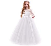 IWEMEK Flower Girls 3/4 Sleeve Floral Lace Tulle First Communion Pageant Dresses Kids Big Girls Princess Birthday Carnival Christmas Bridesmaid Wedding Party Prom Ball Gown White 2-3 Years