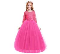 IWEMEK Flower Girls 3/4 Sleeve Floral Lace Tulle First Communion Pageant Dresses Kids Big Girls Princess Birthday Carnival Christmas Bridesmaid Wedding Party Prom Ball Gown Hot Pink 9-10 Years