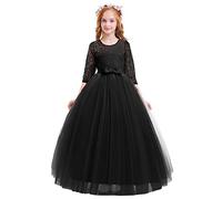 IWEMEK Flower Girls 3/4 Sleeve Floral Lace Tulle First Communion Pageant Dresses Kids Big Girls Princess Birthday Carnival Christmas Bridesmaid Wedding Party Prom Ball Gown Black 11-12 Years