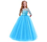IWEMEK Flower Girls 3/4 Sleeve Floral Lace Tulle First Communion Pageant Dresses Kids Big Girls Princess Birthday Carnival Christmas Bridesmaid Wedding Party Prom Ball Gown Deep Blue 9-10 Years