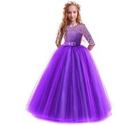 IWEMEK Flower Girls 3/4 Sleeve Floral Lace Tulle First Communion Pageant Dresses Kids Big Girls Princess Birthday Carnival Christmas Bridesmaid Wedding Party Prom Ball Gown Deep Purple 13-14 Years