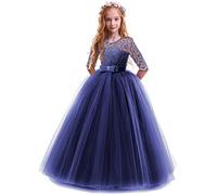 IWEMEK Flower Girls 3/4 Sleeve Floral Lace Tulle First Communion Pageant Dresses Kids Big Girls Princess Birthday Carnival Christmas Bridesmaid Wedding Party Prom Ball Gown Navy Blue 13-14 Years