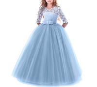 IWEMEK Flower Girls 3/4 Sleeve Floral Lace Tulle First Communion Pageant Dresses Kids Big Girls Princess Birthday Carnival Christmas Bridesmaid Wedding Party Prom Ball Gown Blue 13-14 Years