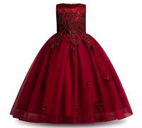 IWEMEK Flower Girls Applique Sleeveless Beaded Long Maxi Tulle Dress Wedding Party Bridesmaid Formal Kids Prom Evening Dance Princess Pageant Birthday Communion Ball Gown A# Wine Red 5-6 Years