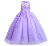 IWEMEK Flower Girls Applique Sleeveless Beaded Long Maxi Tulle Dress Wedding Party Bridesmaid Formal Kids Prom Evening Dance Princess Pageant Birthday Communion Ball Gown A# Light Purple 5-6 Years