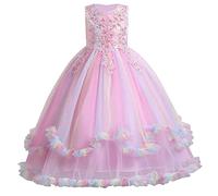 IWEMEK Flower Girls Applique Sleeveless Beaded Long Maxi Tulle Dress Wedding Party Bridesmaid Formal Kids Prom Evening Dance Princess Pageant Birthday Communion Ball Gown B# Rainbow Pink 11-12 Years