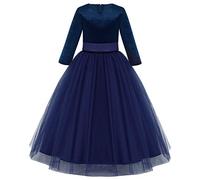 IWEMEK Flower Girls Bridesmaid Holy First Communion Kids Prom Dress Maxi Long Velvet Tulle 3/4 Sleeve Bowknot Princess Party Formal Pageant Birthday Wedding Ball Gown #A: Navy Blue 11-12 Years