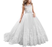 IWEMEK Flower Girls Lace Applique Dresses Kids Tulle Lace Spliced Embroidered First Communion Dress Princess Wedding Bridesmaid Birthday Evening Christening Pageant Dance Party Ball Gown Photography