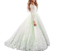 IWEMEK Flower Girls Lace Applique Long Sleeve Dress Princess First Communion Pagenant Bridesmaid A-Line Wedding Prom Cocktail Evening Christening Birthday Christmas Party Ball Gown Mint Green 10-11
