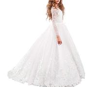 IWEMEK Flower Girls Lace Applique Long Sleeve Dress Princess First Communion Pagenant Bridesmaid A-Line Wedding Prom Cocktail Evening Christening Birthday Christmas Party Ball Gown White 12-13