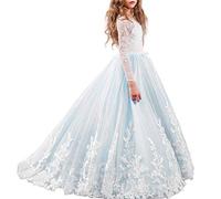 IWEMEK Flower Girls Lace Applique Long Sleeve Dress Princess First Communion Pagenant Bridesmaid A-Line Wedding Prom Cocktail Evening Christening Birthday Christmas Party Ball Gown Light Blue 10-11