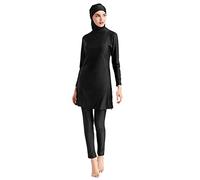 IWEMEK Full Body Burkini Swimsuits for Women Modest Muslim Swimwear Solid Long Sleeve Bathing Suits Swim Top + Pants + Hijab 3PCS Islamic Swimming Suit Mid East Arabic Beachwear Black 3XL