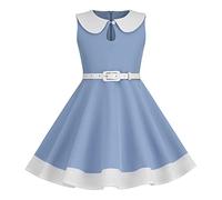 IWEMEK Girls 50s Vintage Dress Peter Pan Collar Color Block Prom Party Dress with Belt 1950s Audrey Hepburn Style A-line Rockabilly Swing Flower Girl Dress Communion Evening Gown Blue 4-5 Years