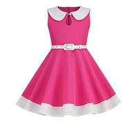 IWEMEK Girls 50s Vintage Dress Peter Pan Collar Color Block Prom Party Dress with Belt 1950s Audrey Hepburn Style A-line Rockabilly Swing Flower Girl Dress Communion Evening Gown Hot Pink 8-9 Years