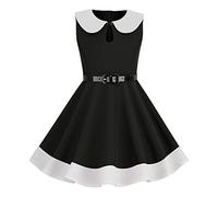 IWEMEK Girls 50s Vintage Dress Peter Pan Collar Color Block Prom Party Dress with Belt 1950s Audrey Hepburn Style A-line Rockabilly Swing Flower Girl Dress Communion Evening Gown Black 5-6 Years